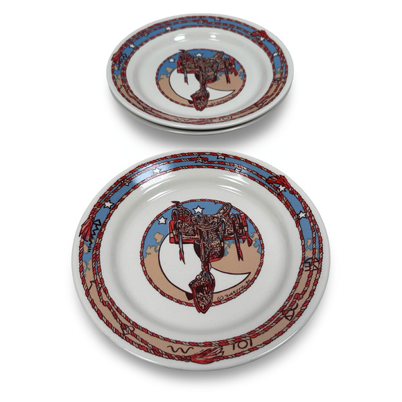 Pipestone Cow Camp Salad Plates 8" Western Cowboy Saddle Buckeye Blake Lot of 3 - Picture 1 of 6